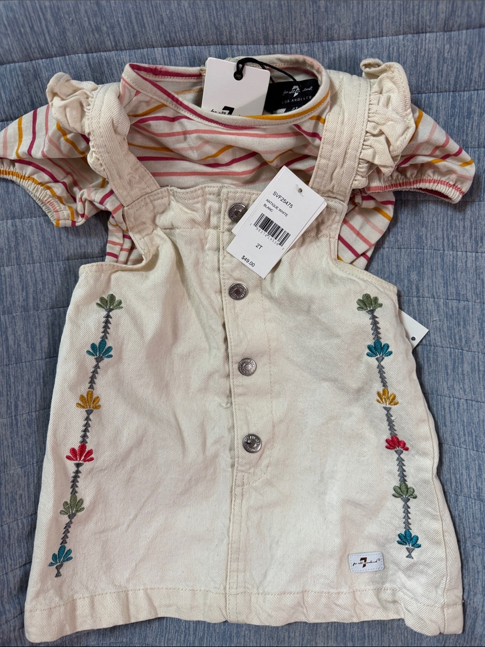 7 For All Mankind Cream Embroidered Overall Dress with Striped Tee